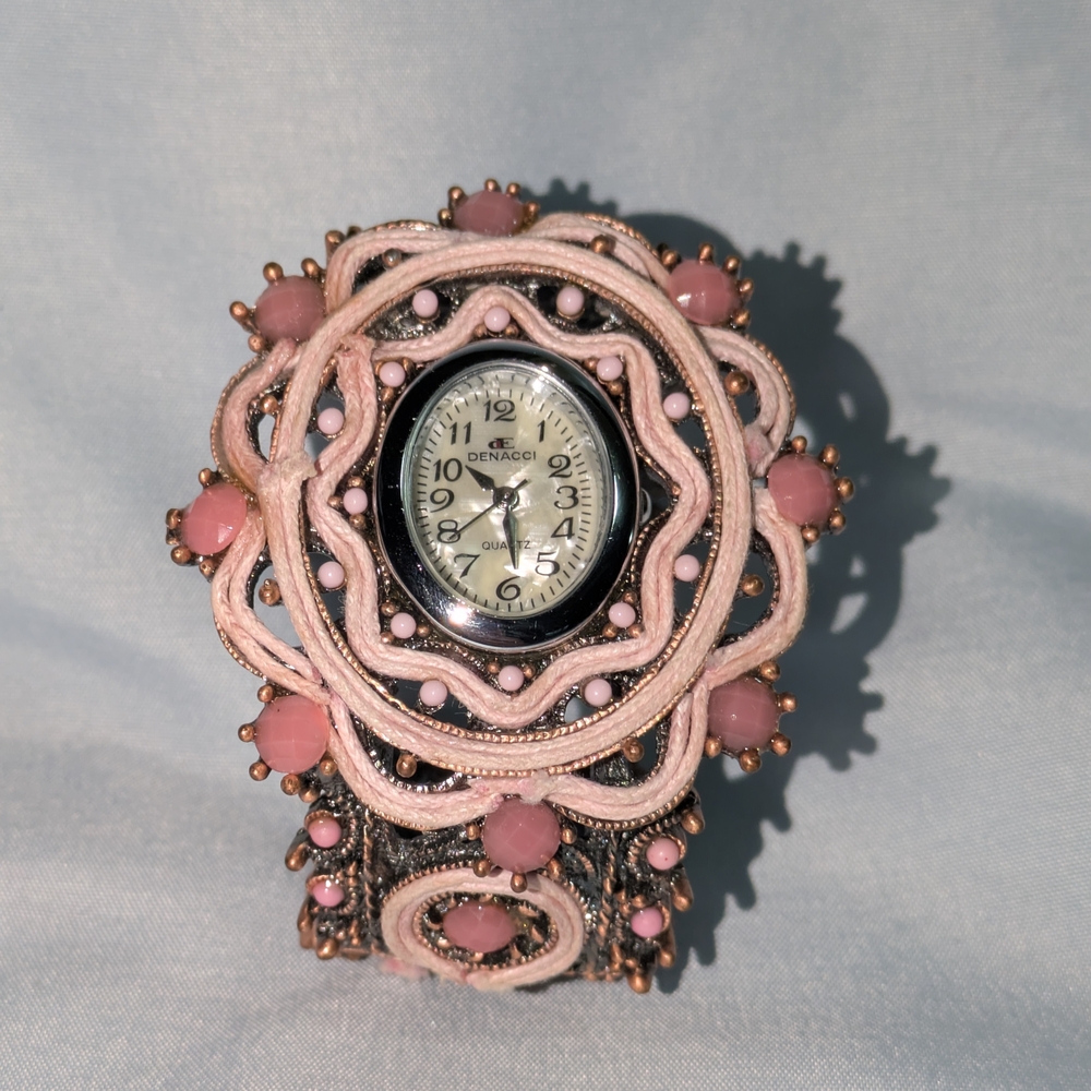Denacci Vintage Pink Beaded Statement Boho Watch Bracelet